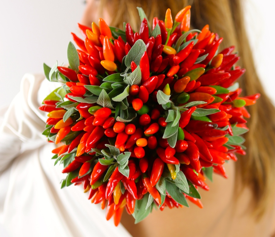 Wedding bouquet with red pepper and sage