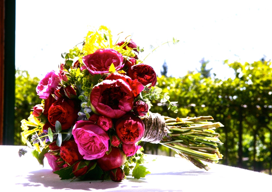 Designed bouquet made ​​of peonies, English roses, eucalyptus, glorious, hydrangea, lavender